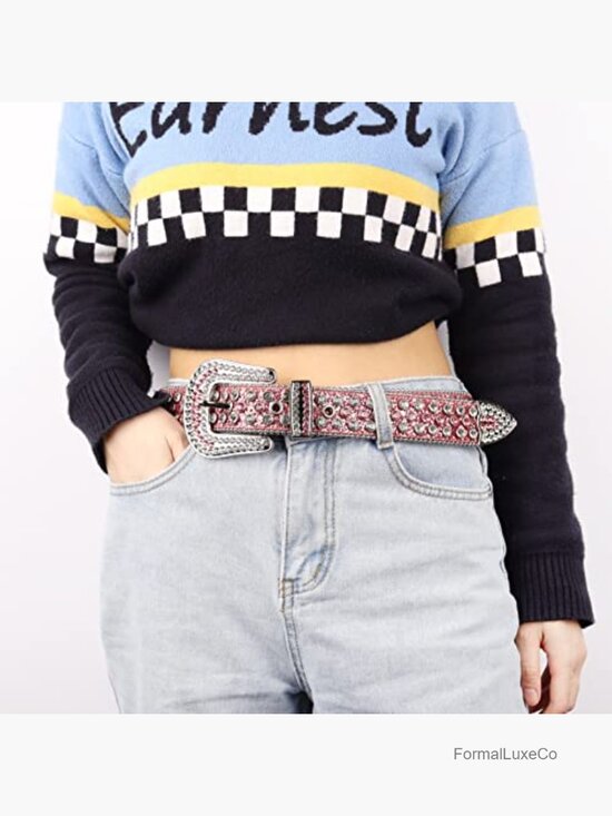 Rhinestone Studded Faux Leather Belt - Y2K Western Punk main image 4